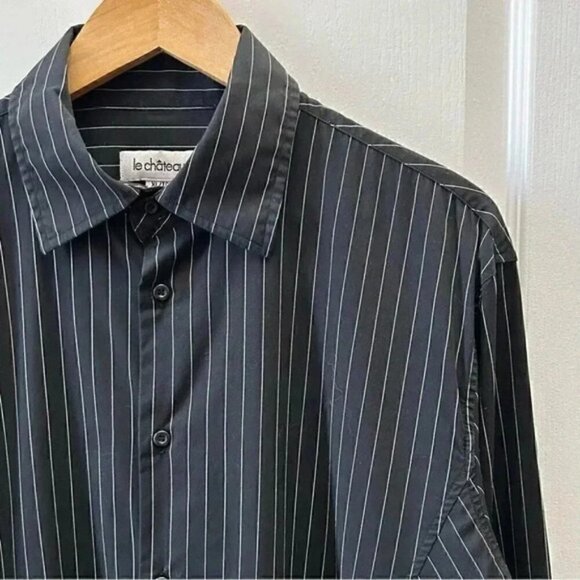 Le Chateau Mens Button Down Dress Shirt Long Sleeves Black White Pinstripes XL - Picture 6 of 14